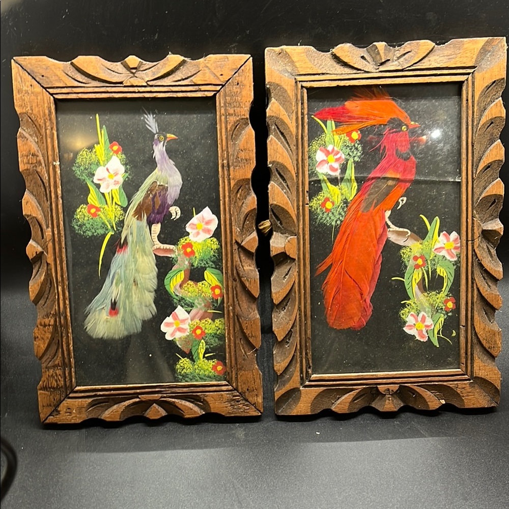 Pair of Vintage Feathered Bird Wall Art in Red and Green